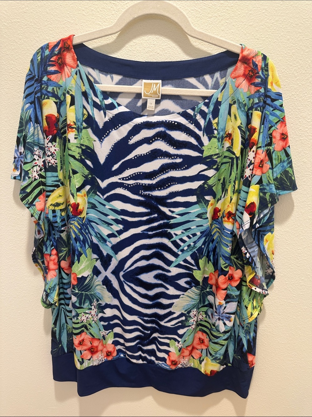 JM Collection Navy Multi Floral & Zebra-Print Flutter Sleeve Tunic Size 1X